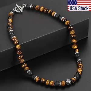 Hermah 8mm Natural Stone Tiger Eyes Lava Bead Necklace Stainless Steel Beaded Charm Choker Toggle Clasp  5 Styles Fashion Male Jewelry 18/20inch