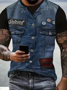 Trendy Men's Faux Denim Vest, Fitted, Unique Badge Design, Vintage Workwear Style, Casual Riding Essential, Short Sleeve, All Seasons