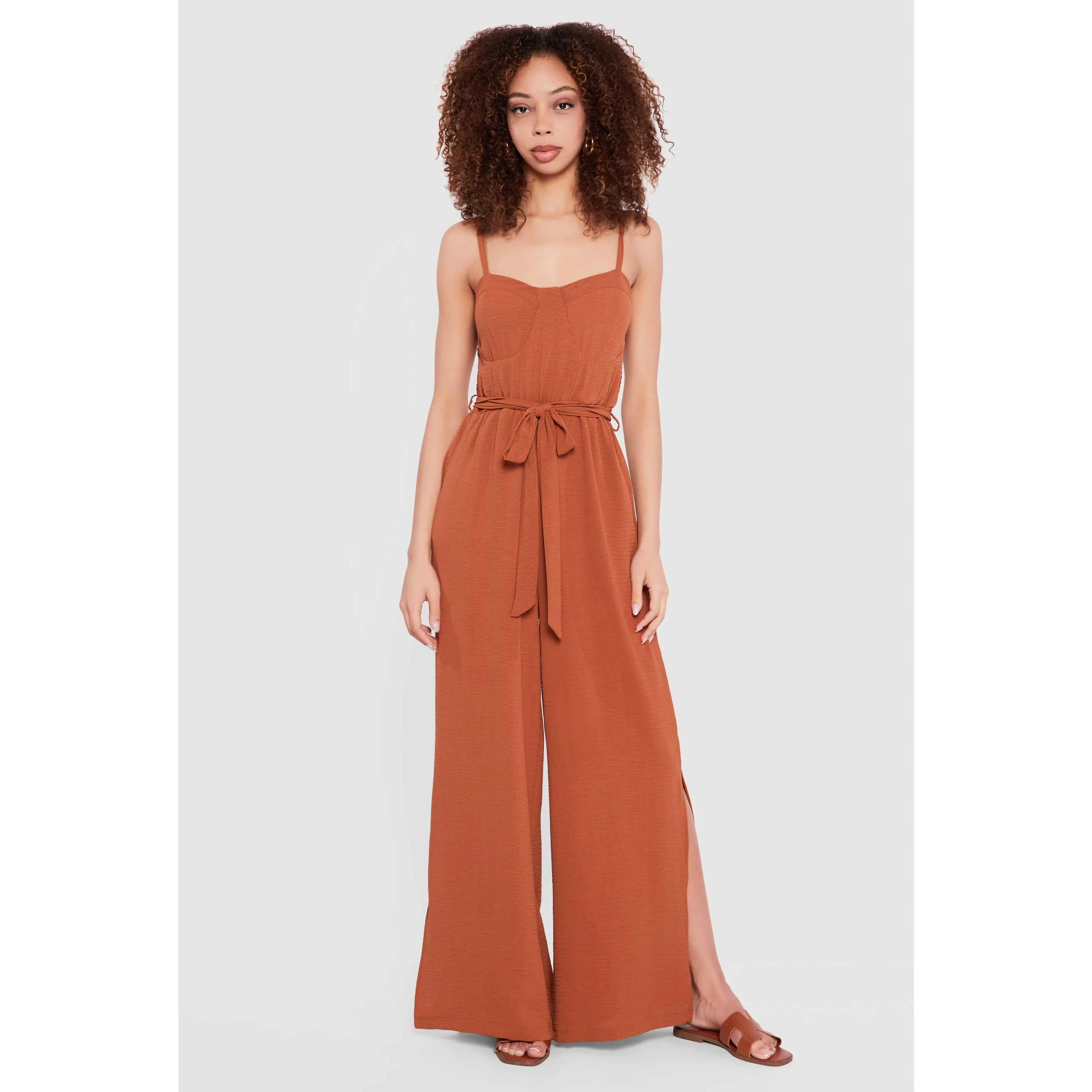 Crepe Knit Tie Waist Belted Side Slit Bustier Jumpsuit