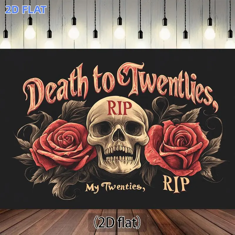 2D Flat Banner 1pc, Death to Twenties Backdrop with Red Roses & Skull Design - Vintage RIP 20th Birthday Party Decorations Gothic "My Twenties RIP" Banner for Memorable 20th Birthday Celebrations No Electricity Needed Durable Poly
