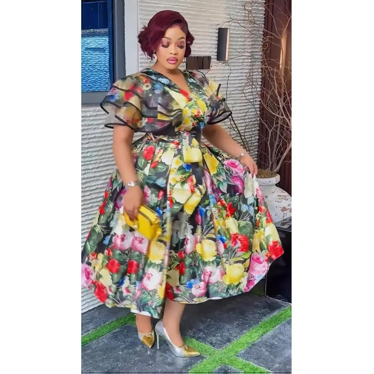 Yellow Ruffle Sleeve Floral Midi Dress - Cocktail Reception Wedding Guest Graduation Dinner Birthday Photoshoot Anniversary Engagement Ceremony Stylish Turkey Dresses for Women Plus Size