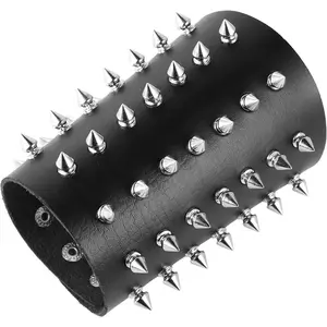 Unisex Black Metal Spike Studded Punk Rock Biker Wide Strap Leather Bracelet