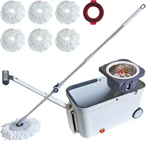 KZKR Spin Mop & Bucket Set with 6 Microfiber Heads, 180° Spinning System, Adjustable Handle, Dual Wheels, for Home & Commercial Cleaning