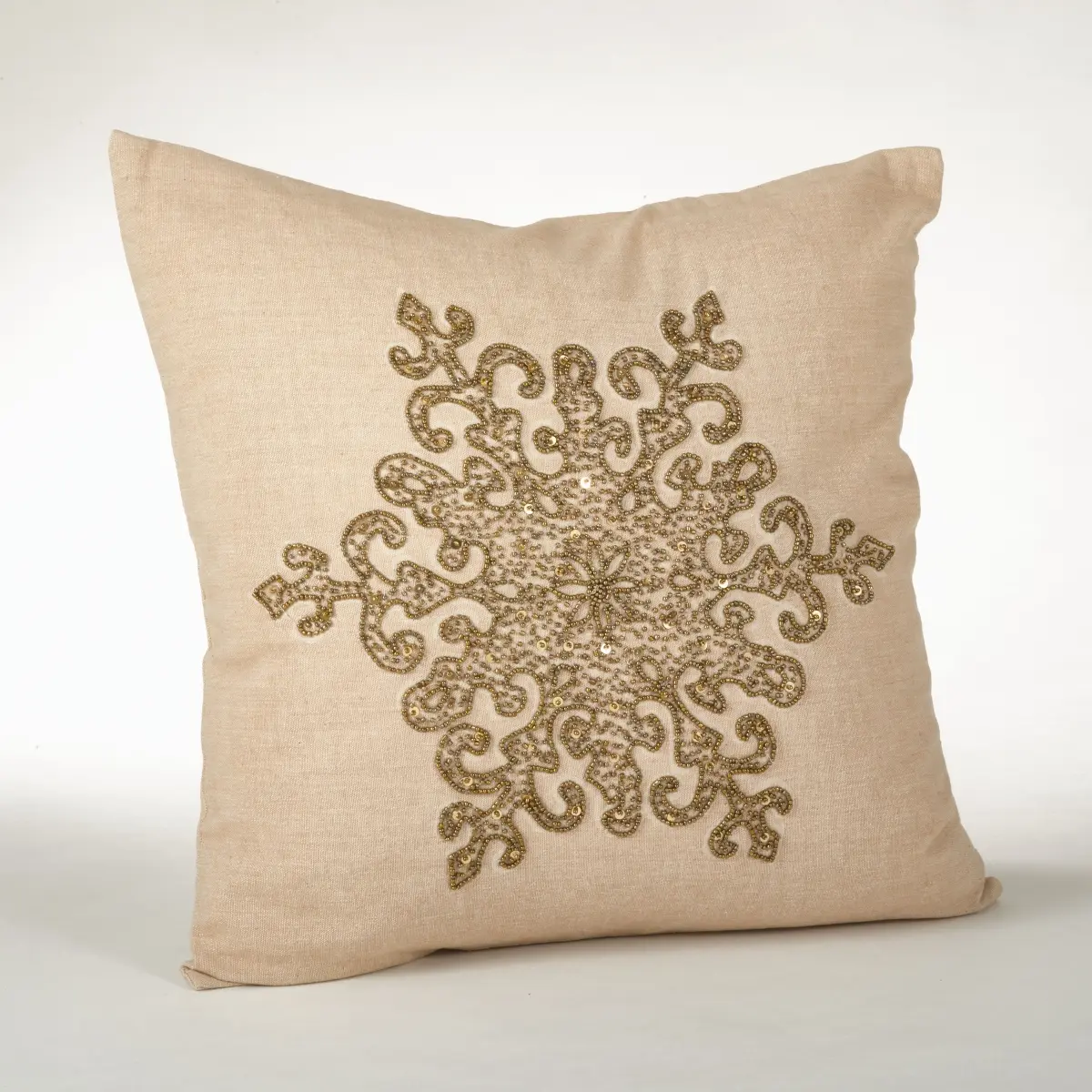 212 MAIN 18 in. Square Snowflake Design Feather-Filled Beaded Accent Pillow - Bronze Woven Cotton Cushion, Hand Wash Only, Bedroom Decorative Accessories, Contemporary Look Outdoor Sofa Cushion