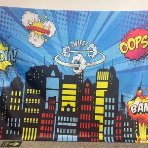 Super hero city building background banner, made of polyester material, suitable for photo booths, parties, birthdays, celebrations, as well as indoor and outdoor home birthday party decoration, home decoration, room decoration, wall decoration