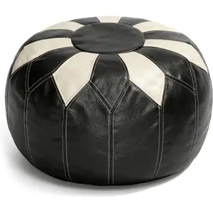 Unpadded Moroccan-style faux leather footstool with storage space - Handmade bohemian-style multifunctional footrest, suitable for living room, bedroom, terrace - Round ethnic-style floor cushion and decoration, black and white color scheme