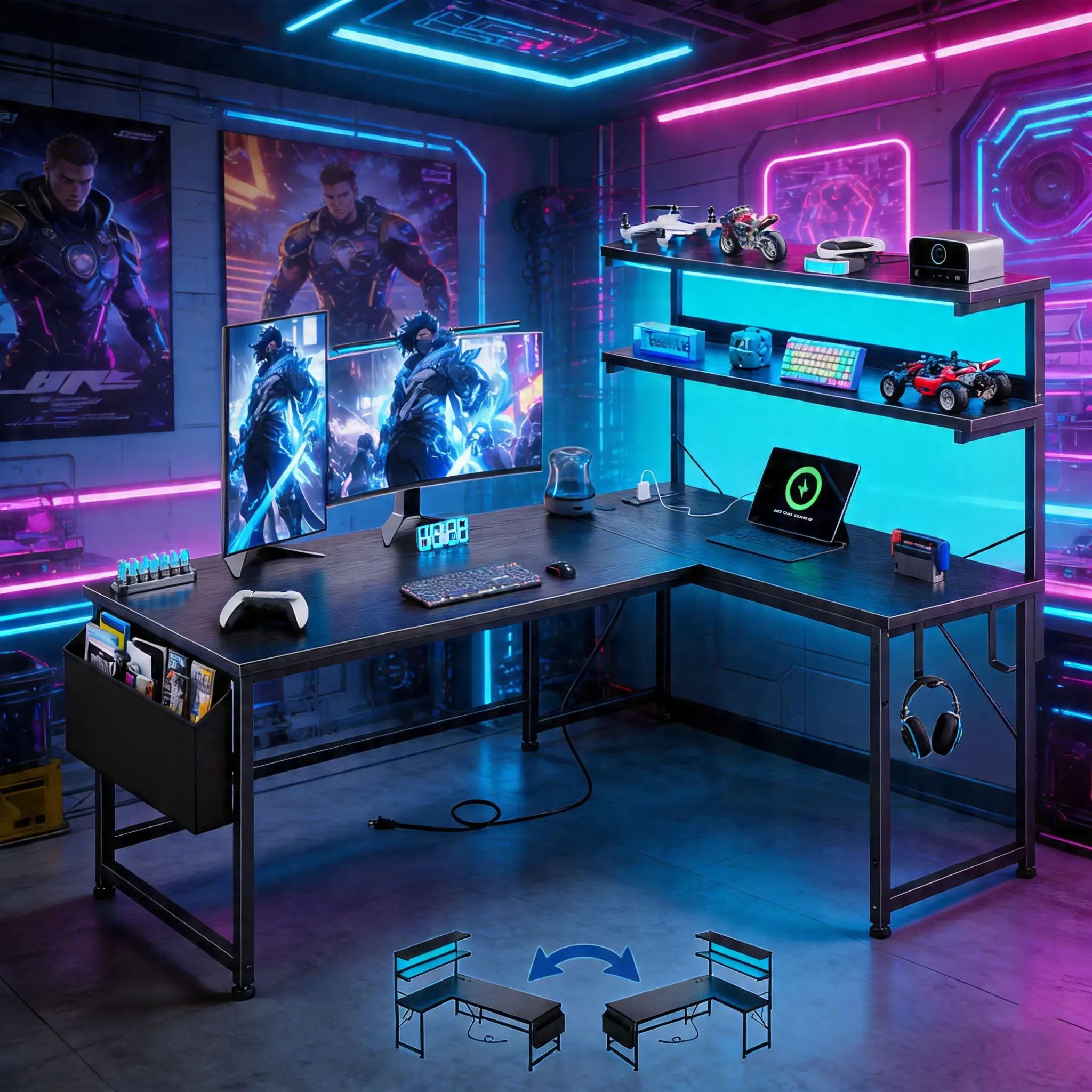 【Cable Organizer】Raybee Reversible L-Shaped 53‘’W Gaming Desk with LED Light & Power Outlets,Sturdy & Easy Assembly Computer Desk with 2 Headphone Hooks,Gaming Setup for Home Office Use,Study desk for teenagers, Computer Table with Shelf #Back to school