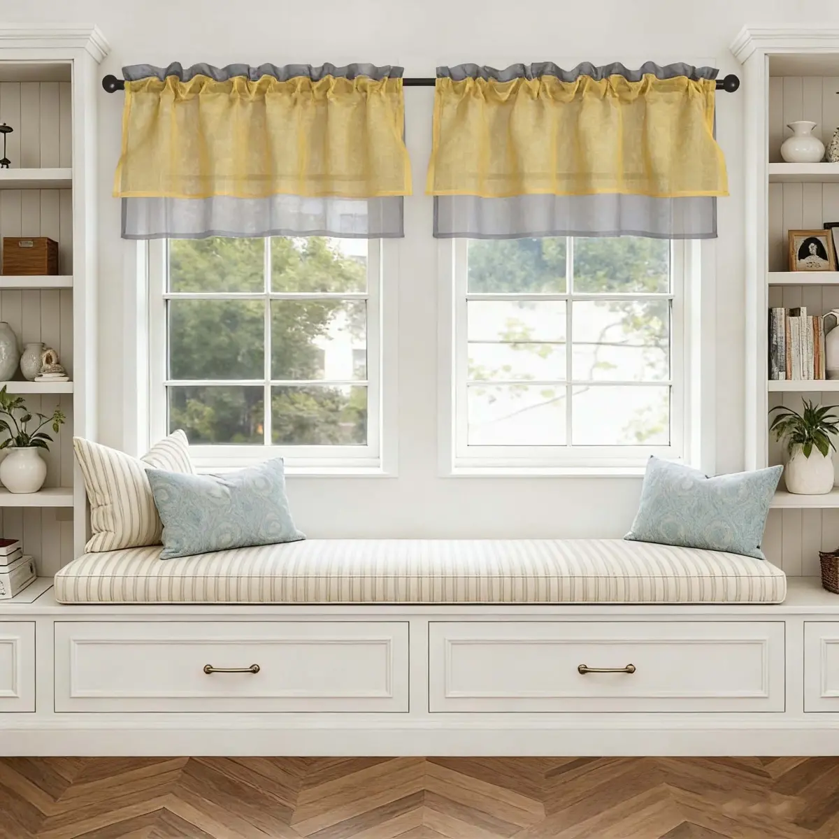 Translucent short sheer curtains, suitable for living room/bedroom/bathroom/basement.52inch Double-layer curtains, vintage layered rod pocket style, 2-piece set