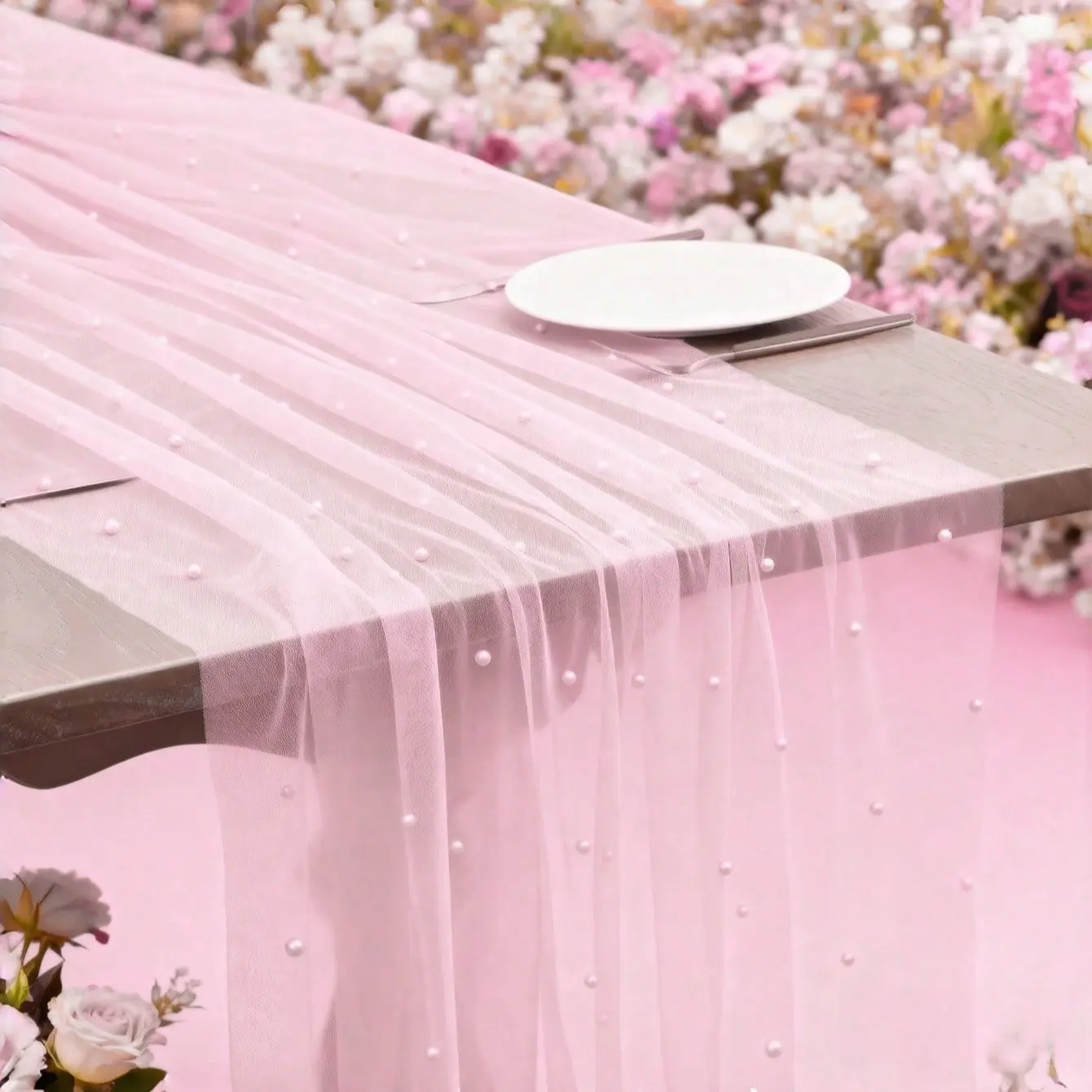 1Pc Pink Faux Pearl Decorative Tulle Table Runner, Wedding Transparent Tulle Tablecloth, Table setting, Elegant, Wedding Arch Decoration Bridal Shower, Party Decoration, Chair Decoration, Event Backdrop Wall Decoration, Festival Decor, Home Decoration