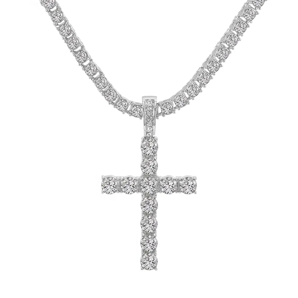 Cross pendant necklace, sparkling necklace, punk fashion gift, Cuban chain necklace, hip hop jewelry tennis chain necklace for men and women