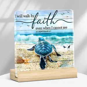 Sea Turtle Walk by Faith Acrylic Plaque, Inspirational Desk & Home Office Decoration, Motivational Gift for Friends, Home Decor, Ornaments