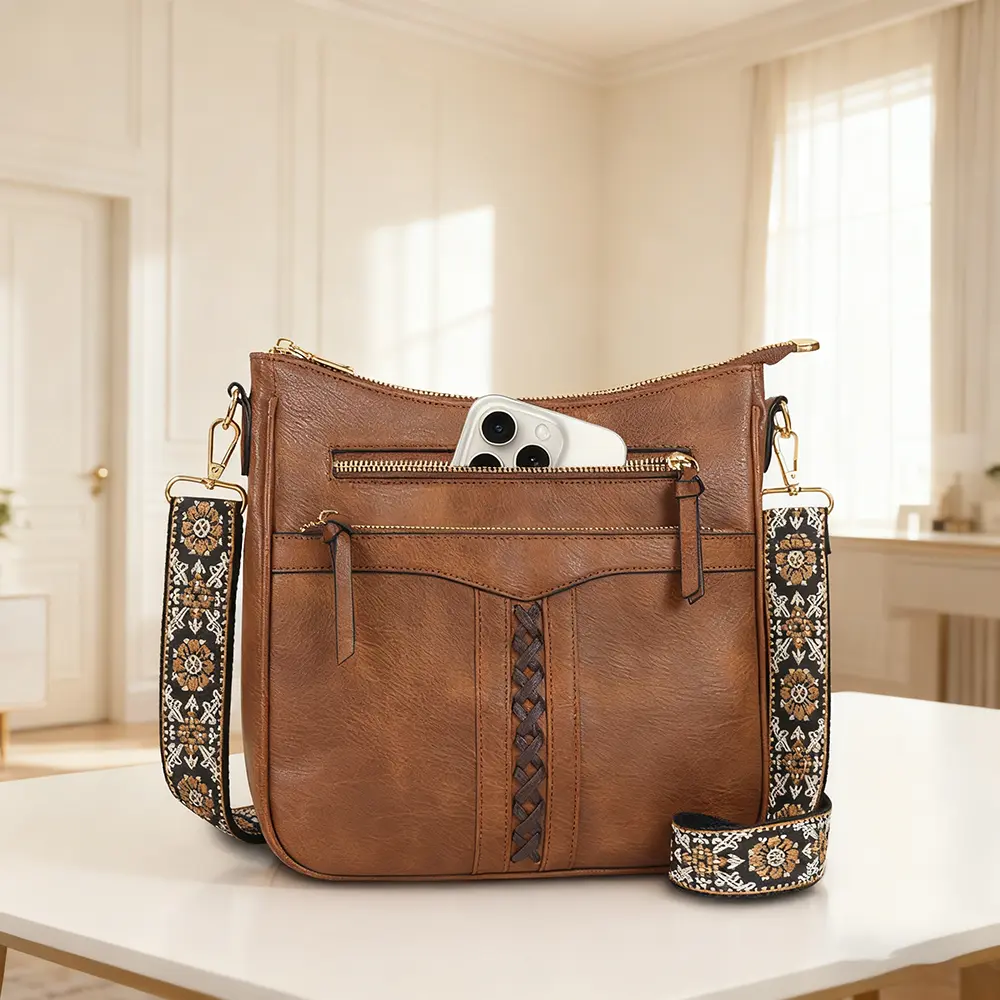 WAN&KELO Women's Vintage Woven PU Leather Crossbody Bag - Large Capacity Everyday Bag, Trendy Commuter Purse with Wide Ethnic Guitar Strap, Leather Crossbody Bags, Handbag Shoulder Purse