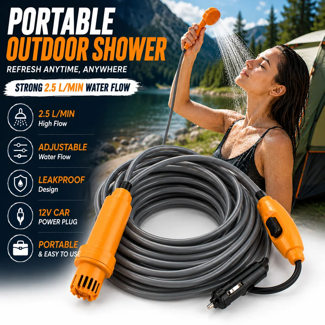 Portable Camping Shower Adjustable Water Flow Leakproof 2.5 L/min Outdoor Showerhead Sprayer