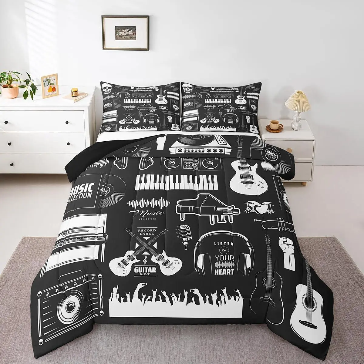 Feelyou Vintage Music Theme Polyester Duvet Comforter Set - All Seasons, Multi-Size, U-Stitching, Old Vinyl Record, Electric Guitar, Trumpet, Headphone, Drum Prints, Easy to Care, Travel-Ready for Hippie Rock Enthusiasts, Bed Cover Set, Bedding Sets