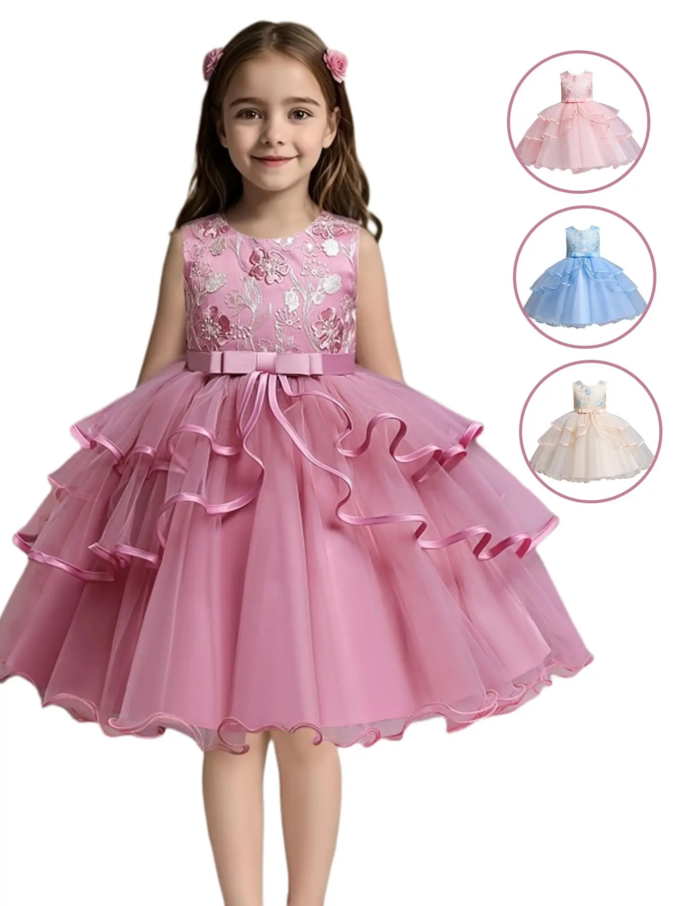 Girls' Flower Embroidery Belted Floral Tulle Dress, Elegant Sleeveless Round Neck Formal Dress for Party Wedding Guest, Kids Clothes for All Seasons, Tutu Dress