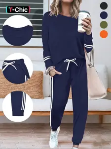 Women's Fashion New Round Neck Solid Color Patchwork Fitted Long Sleeve Top Set, Two-Piece with Pants, Casual Style Outfit Clothes Matching Womenswear Lady