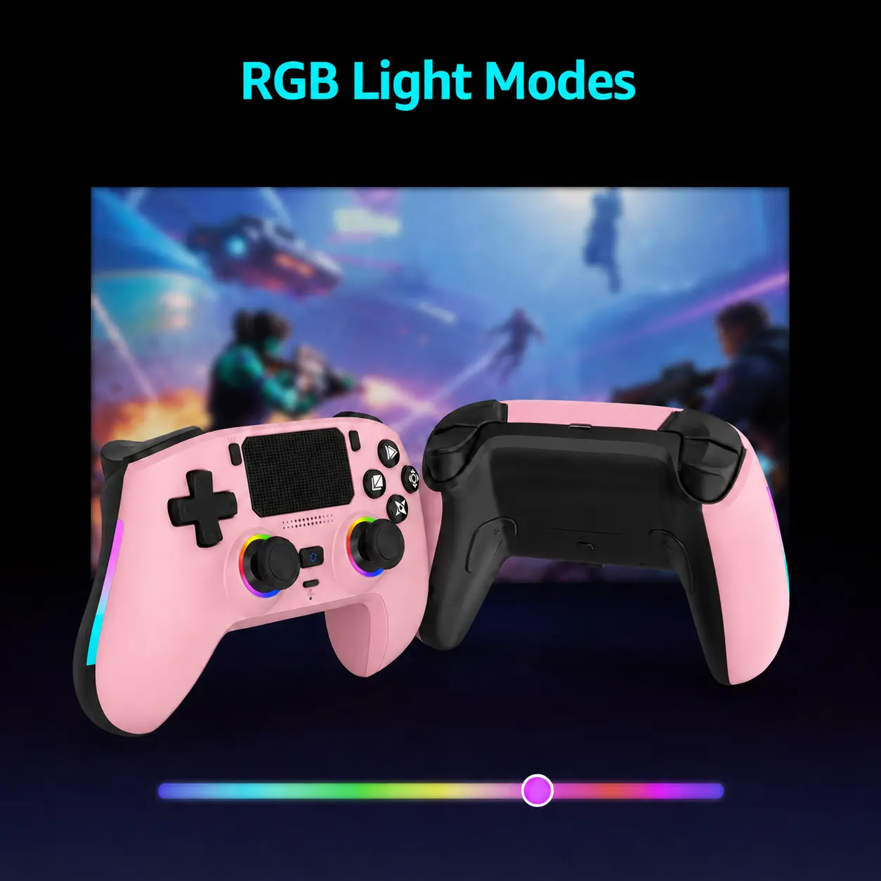 Wireless Gamepad Remote Controller for PS4, Battery-Powered Video Game Accessory with Hall Effect Joysticks, Color Changing RGB Lighting, Turbo Fire, Macro Programming, Dual Vibration, 1000mAh Battery