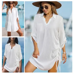 Zilva Women's V-Neck Drawstring Shirt Dress Swimsuit Coverup - Chic U-Shape Hemline Bathing Suit Cover, Breathable Casual Beachwear, Multi-Size Option for Vacation (White, Black)
