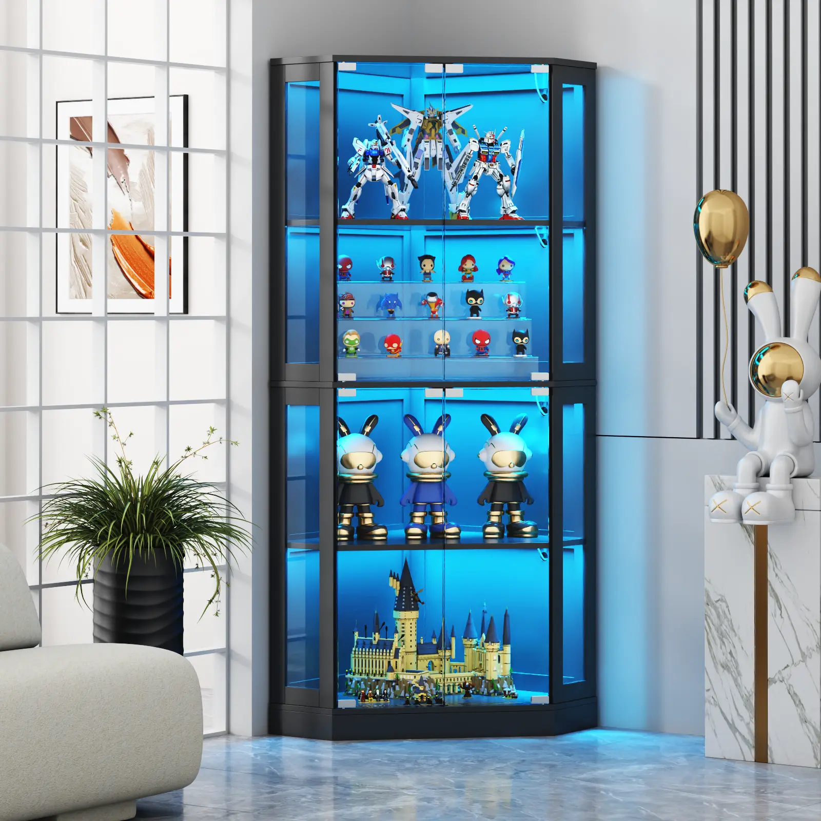 Gyfimoie Corner Display Cabinet with Multi-Color LED Lights, Modern Curio Cabinet with Glass Doors, 4 Tier Glass Display Shelves Apartment Furniture