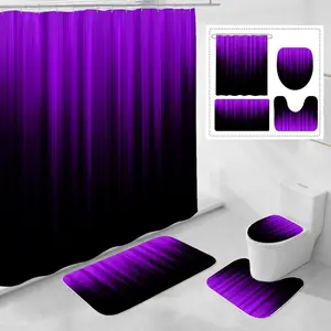 4 Pcs Purple and Black Gradient Shower Curtain Set with Rugs and Toilet Lid Cover, Bathroom Shower Equipment, Waterproof Fabric Restroom Bathroom Set, Ombre Stripe Gothic Abstract Bathroom Decor Set Accessories, Shower Essentials