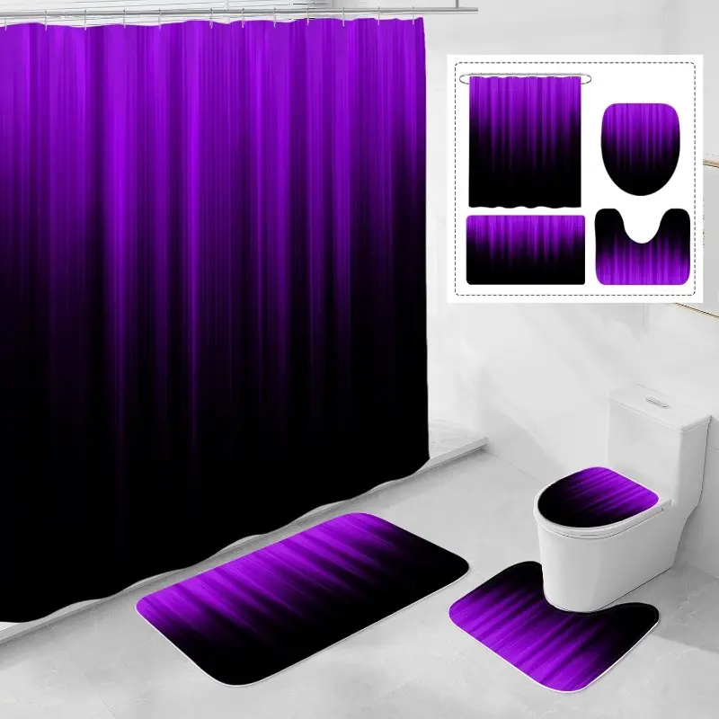 4 Pcs Purple and Black Gradient Shower Curtain Set, Bathroom Shower Curtain Sets, with Rugs and Toilet Lid Cover, Waterproof Fabric Bathroom Set, Ombre Stripe Decor Set Accessories, Shower Essentials
