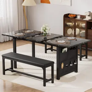 VECELO 3 Piece Extendable Dining Table Set Kitchen Room Table with 2 Benches Chairs Breakfast Dinette Table for 4-6 Small Space
