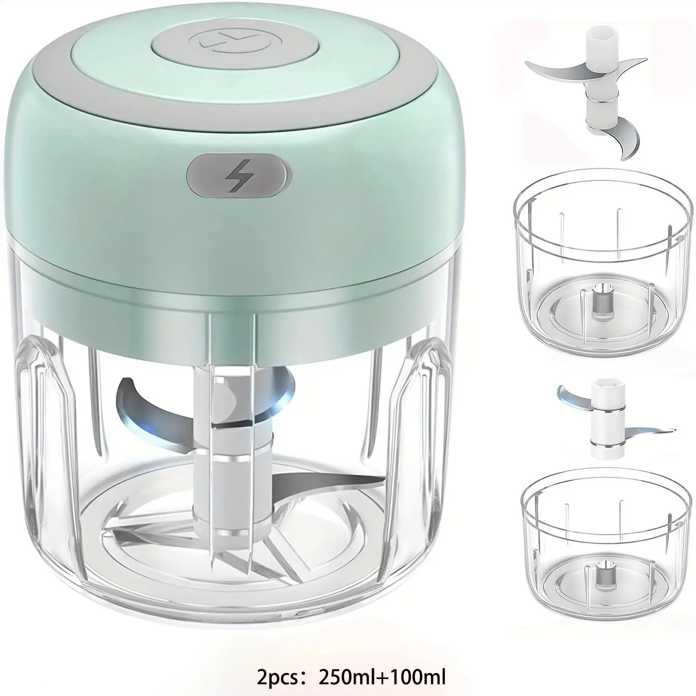 Mini Electric Garlic Crusher for Summer (1 set), USB Charging Blenders with 100ml Cup, 250ml Cup, Double Leaf Knife & Three Leaf Knife, Vegetable & Fr