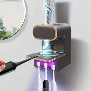 Automatic Toothpaste Dispenser with 3 Toothbrush Slots - Wall-Mounted, USB-Powered, Hygienic Dispensing, Space-Saving Design for Home Use, Durable Plastic, Modern Bathroom Accessory, Toothbrush Holder, Sleek Design
