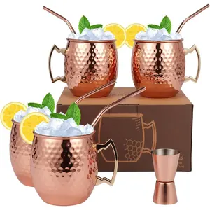 Moscow Mule Mugs Set of 9-20oz Hammered Moscow Mule Mugs Drinking Cup 304 Stainless Steel with 4 Straws-1 Jigger- Dining Entertaining bar  Set Mug Set of 4 (double jigger included)
