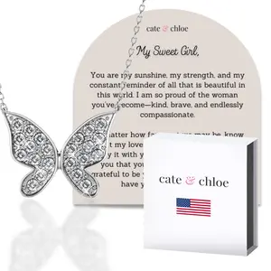 Yuenen 18k White Gold Plated Butterfly Necklace with Simulated Diamond Crystals & Sentimental Message for Daughter
