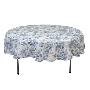 Polyester 90" Round Tablecloth White - Blue French Toile Pattern for Chic Weddings