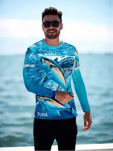 Men's Fishing Long Sleeve Shirt, Blue Base with Vibrant Tuna Fish Graphics, Fitted Crop Top for Outdoor Casual Wear, Outdoor Apparel, Athletic Training Apparel