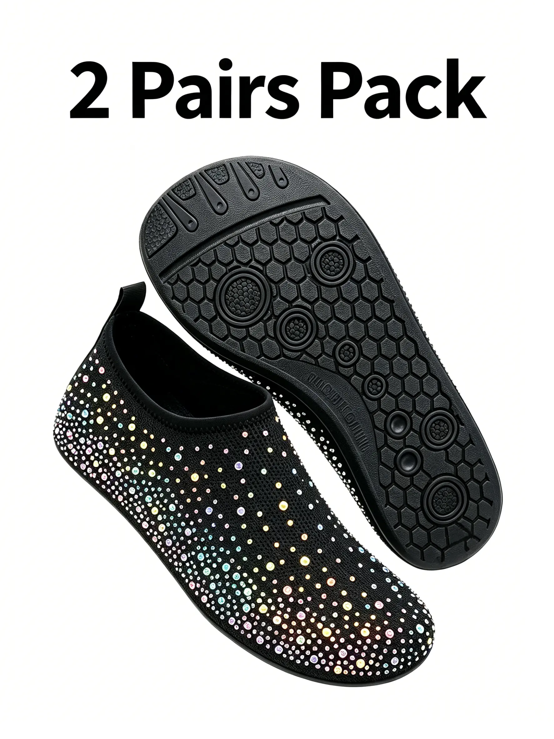 2 Pairs Pack Women Sparkling Gradient Rhinestone Water Shoes, Non-Slip Thick Rubber Sole Quick Dry Barefoot Aqua Socks, Foldable Lightweight Slip On Bling Crystal Swim Pool Beach Surf Yoga Walking Water Socks with Convenient Heel Pull Tab