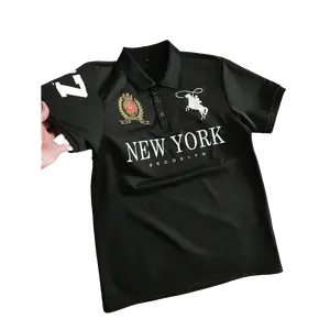 Men's Short Sleeve Polo Shirt, Letter Print Front Button Casual