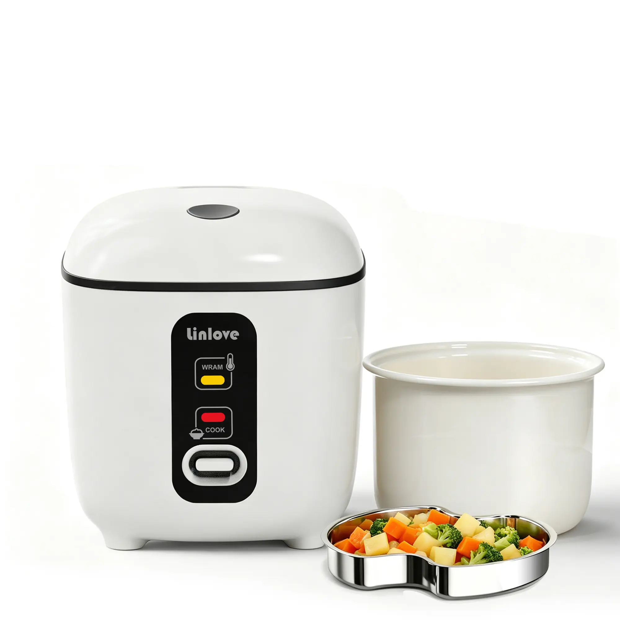 Linlove 1.2 Qt Portable Rice Cooker - Stainless Steel Steamer Tray, Non-Stick, 1-Switch Cooking, Auto Keep Warm, White with Recipe Guide