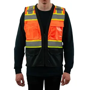 Multi-pocket safety vest with high visibility reflectors double colored front solid mesh back S-2XL