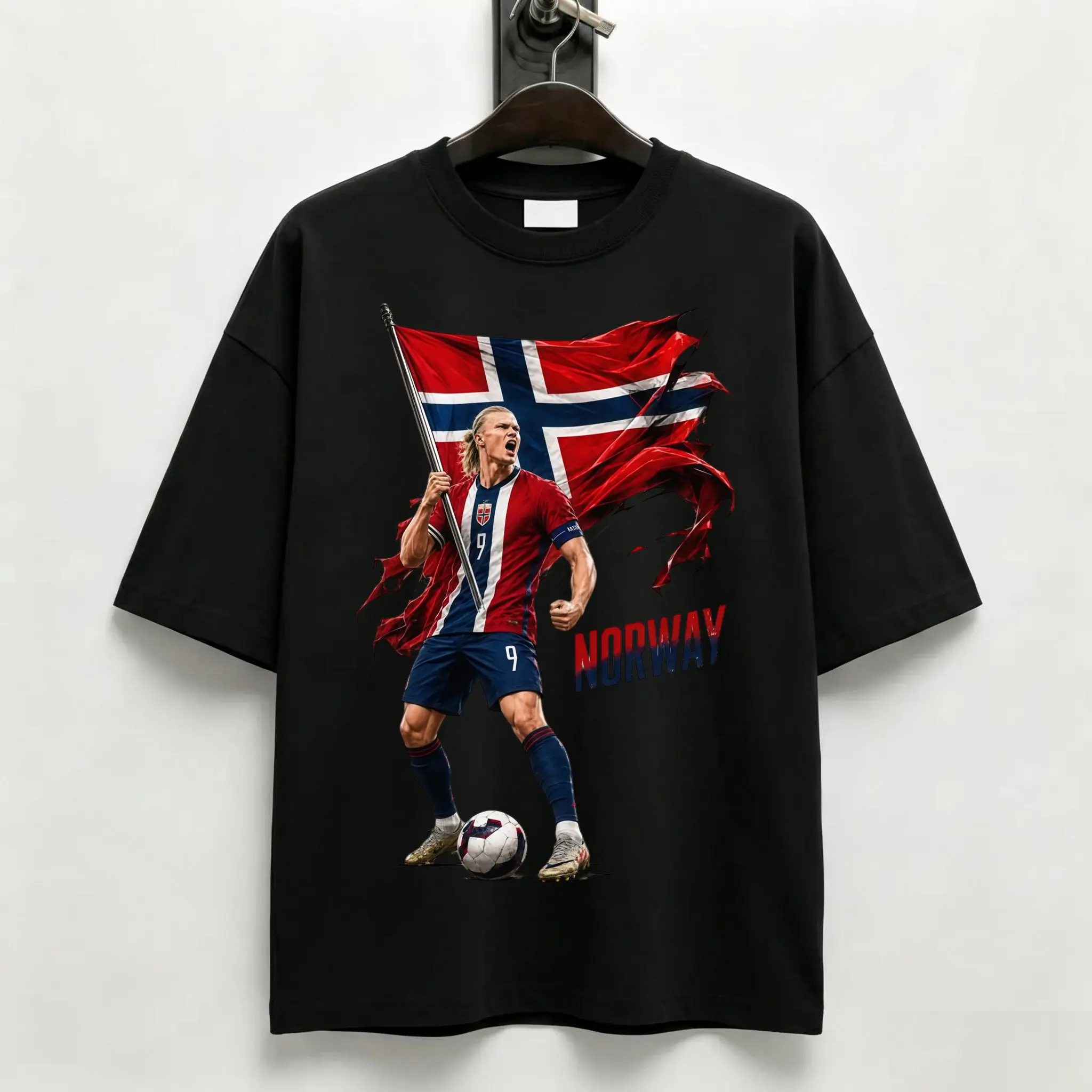 Norway Soccer Cotton Tee T-Shirt with Flag Design and Player Graphic for Erling Haaland Fans Casual Garment