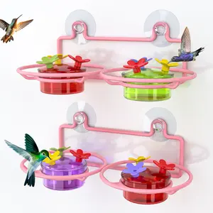 2 Pack Window Hummingbird Feeder, Small Hummingbird Feeder for Outdoors with Strong Suction Cup - Metal Base & 6 Feeding Ports, Easy to Clean and Refill, Pink