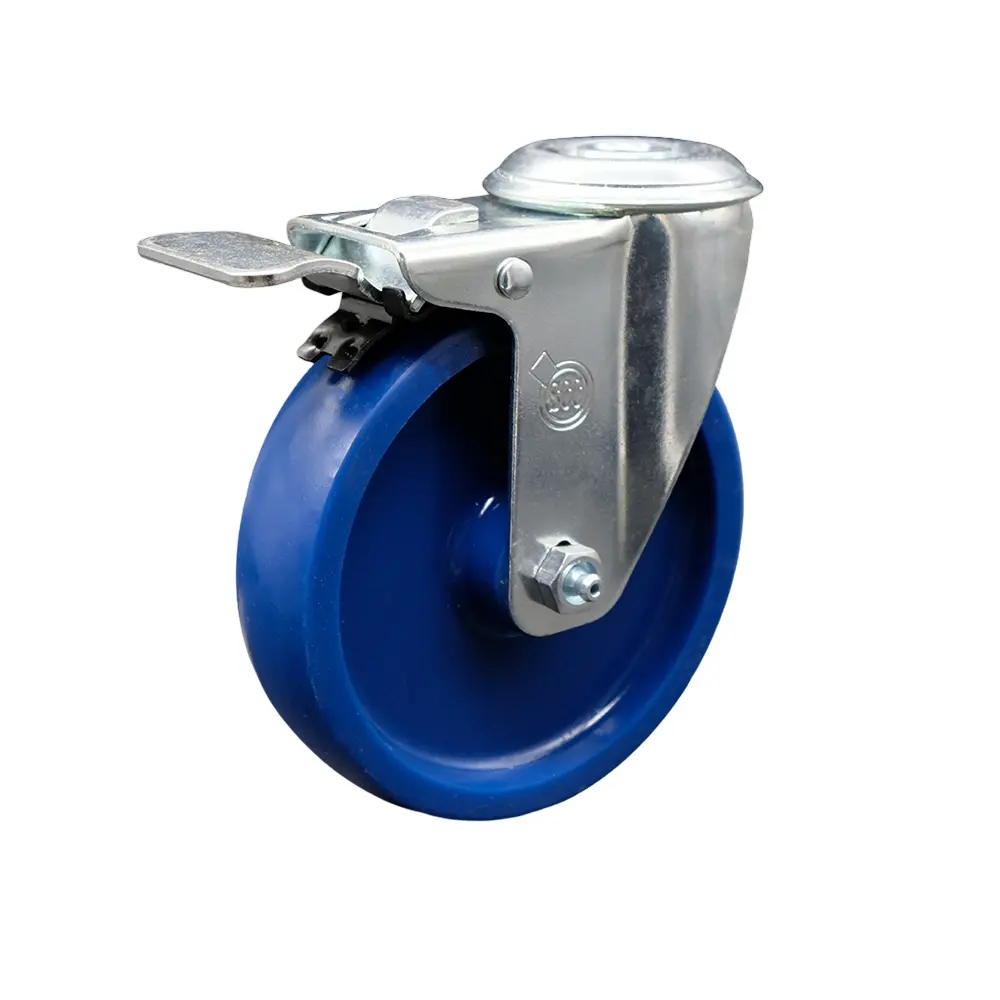 Service Caster SCC-SSBHTTL20S514-SPUS Stainless Steel Roller Stopper - Swivel Type Bolt Hole, 5x1.25in Non-Marring Blue Wheel, Total Locking Brake, 300lbs Capacity for Material Handling Carts & Equipment (Service Caster Series #20)