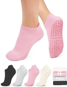 4 Pairs Pilates Socks for Women - Non Slip Grip Socks for Yoga, Barre, Hospital, Barefoot