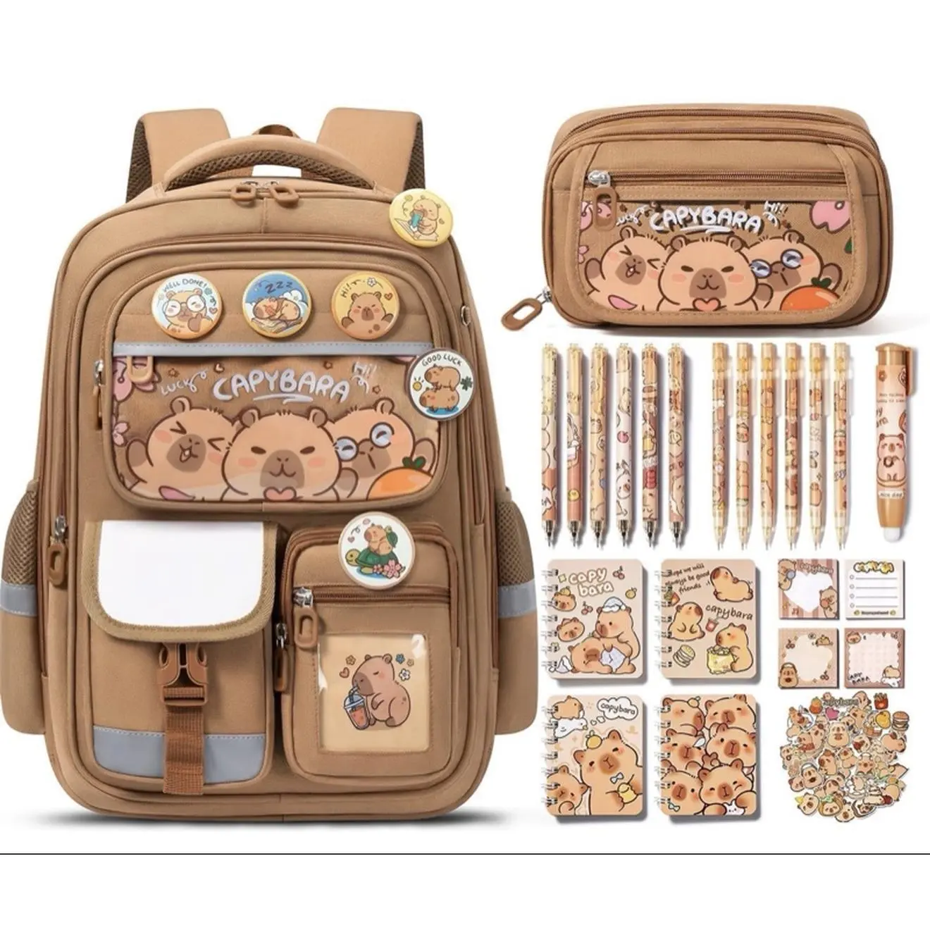 Kawaii Capybara Backpack with Pencil Case & Stationary Set - 28PCS School Supplies for Kids - Cute Design & Practical Storage