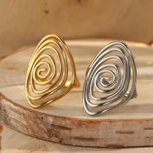 Stainless Steel Geometric Spiral Line Open Ring for Women Men Boho Exggerated Adjustable Oval Large Ring Holiday Jewelry Gifts