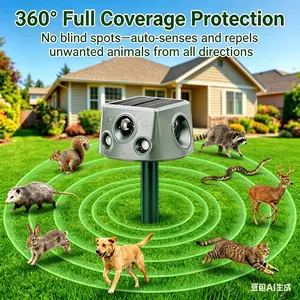 Upgraded four-sided solar animal repeller with infrared sensor alarm, ultrasonic pest control, waterproof for outdoor use, deters cats, dogs, squirrels, raccoons, skunks, rabbits, and rodents.