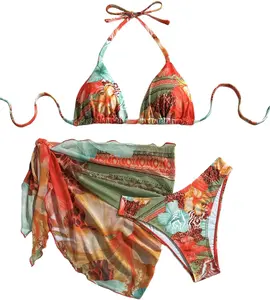 Women's 3 Piece Bikini Sets Floral Halter Swimsuit Bathing Suit with Cover Up Skirt