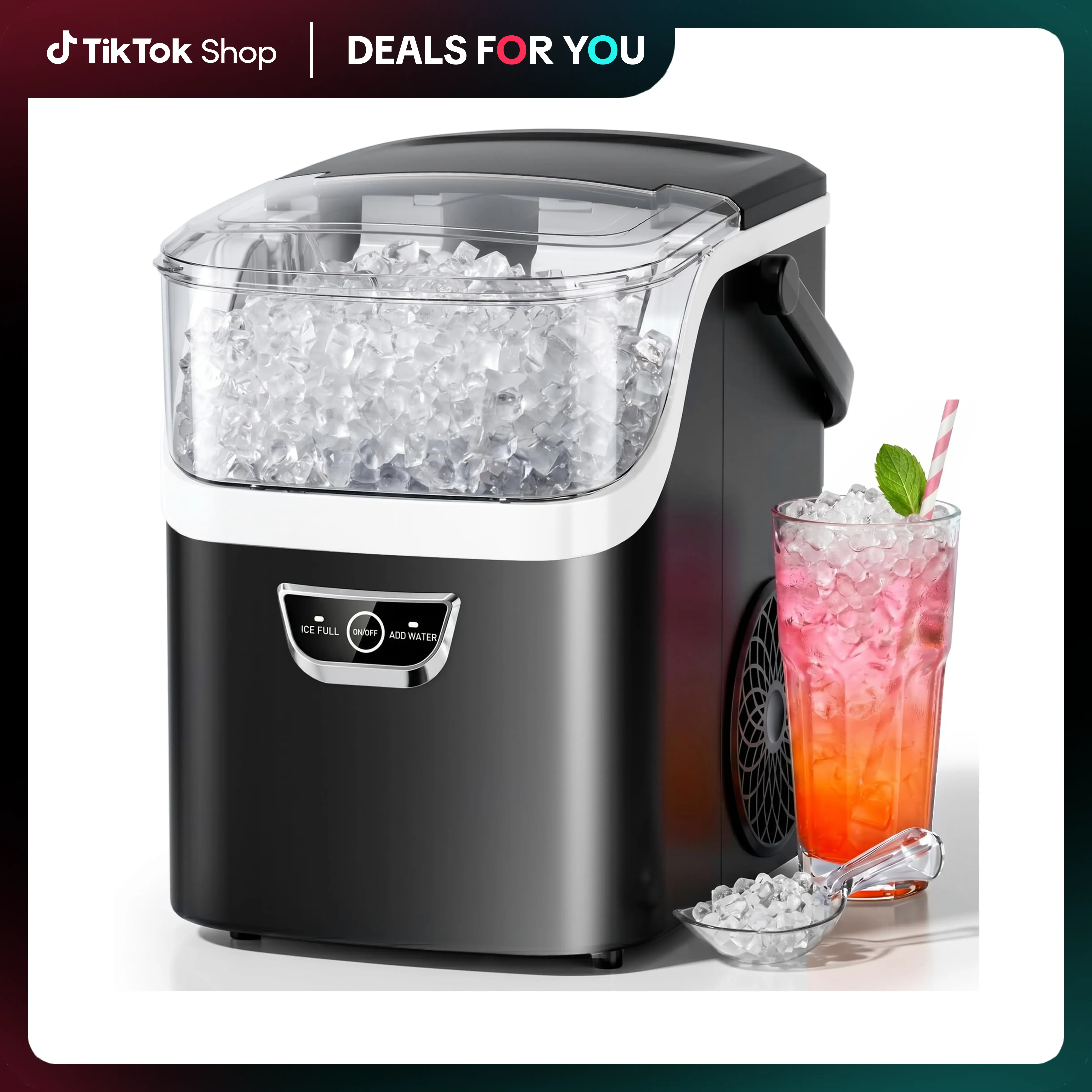Kismile Nugget Ice Makers Countertop with Handle, Crushed Ice Ready in 5 Mins, 35lbs/Day, Self-Cleaning, Portable Ice Machine with One-Click Operation for Home/Kitchen/Party/RV/Camping