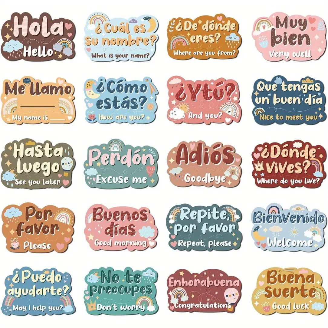 20 Pcs Spanish Posters Spanish Phrases Card Classroom Decorations Spanish Bulletin Board Set Learning Poster Study Materials School Classroom Wall Decor Learning Activity Set Home Classroom Decorations