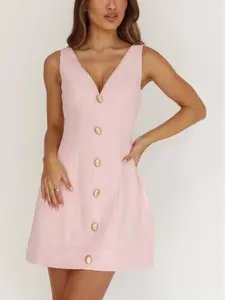 SLEEVELESS SHIFT MINI DRESS with Deep V Neckline Wide Shoulder Straps & Beige Button Front Above Knee Length