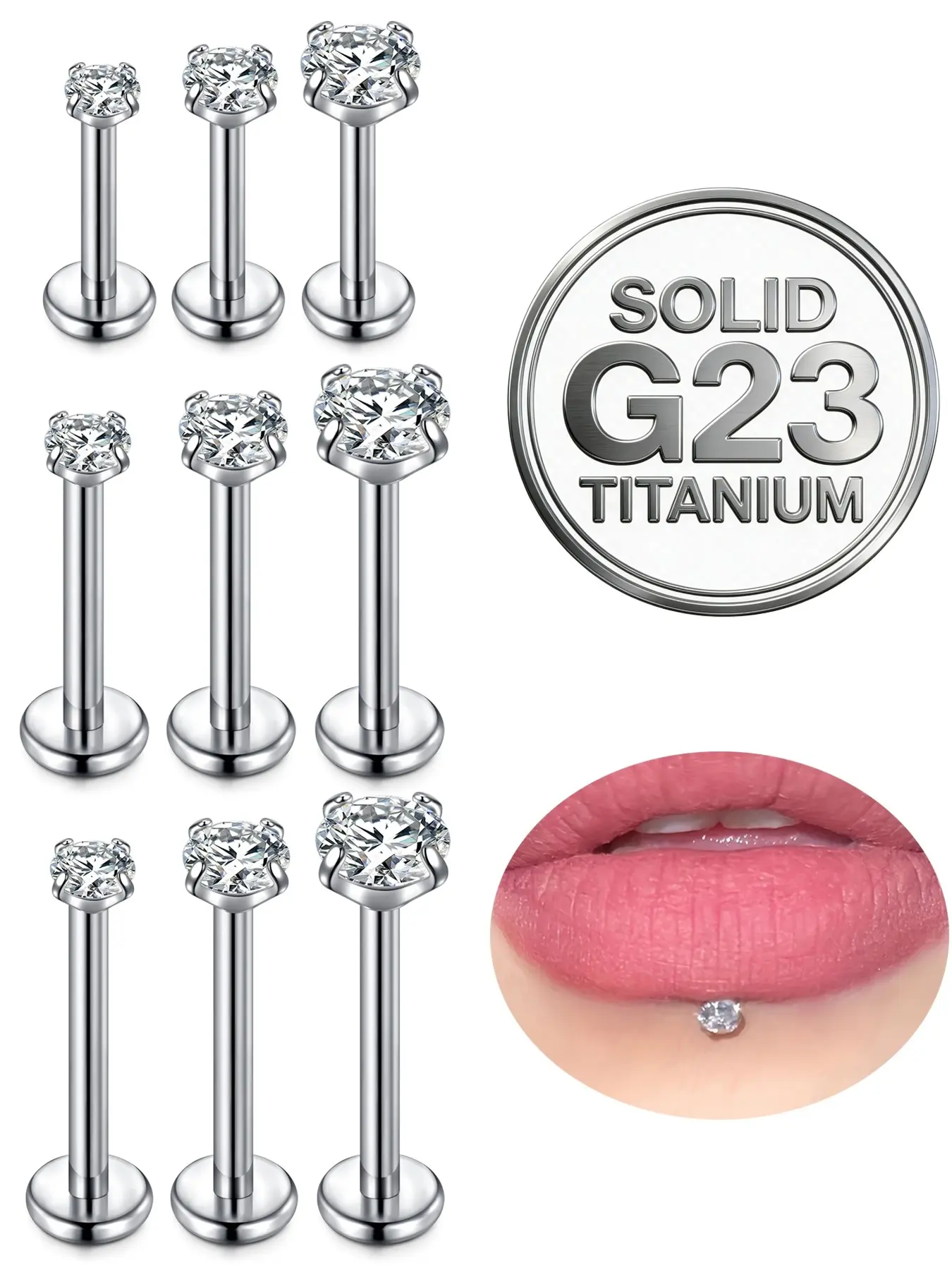 9Pcs G23 Titanium Internal Thread Lip Studs 16g Labret Medusa Monroe Body Piercing Jewelry 6/8/10mm Cartilage Earrings Flat Back Helix Tragus Conch Earrings for Women Men 2/3/4mm CZ