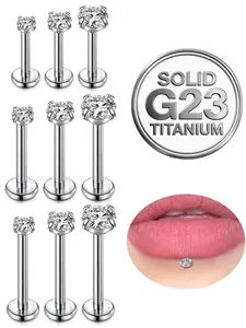 9Pcs G23 Titanium Internal Thread Lip Studs 16g Labret Medusa Monroe Body Piercing Jewelry 6/8/10mm Cartilage Earrings Flat Back Helix Tragus Conch Earrings for Women Men 2/3/4mm CZ