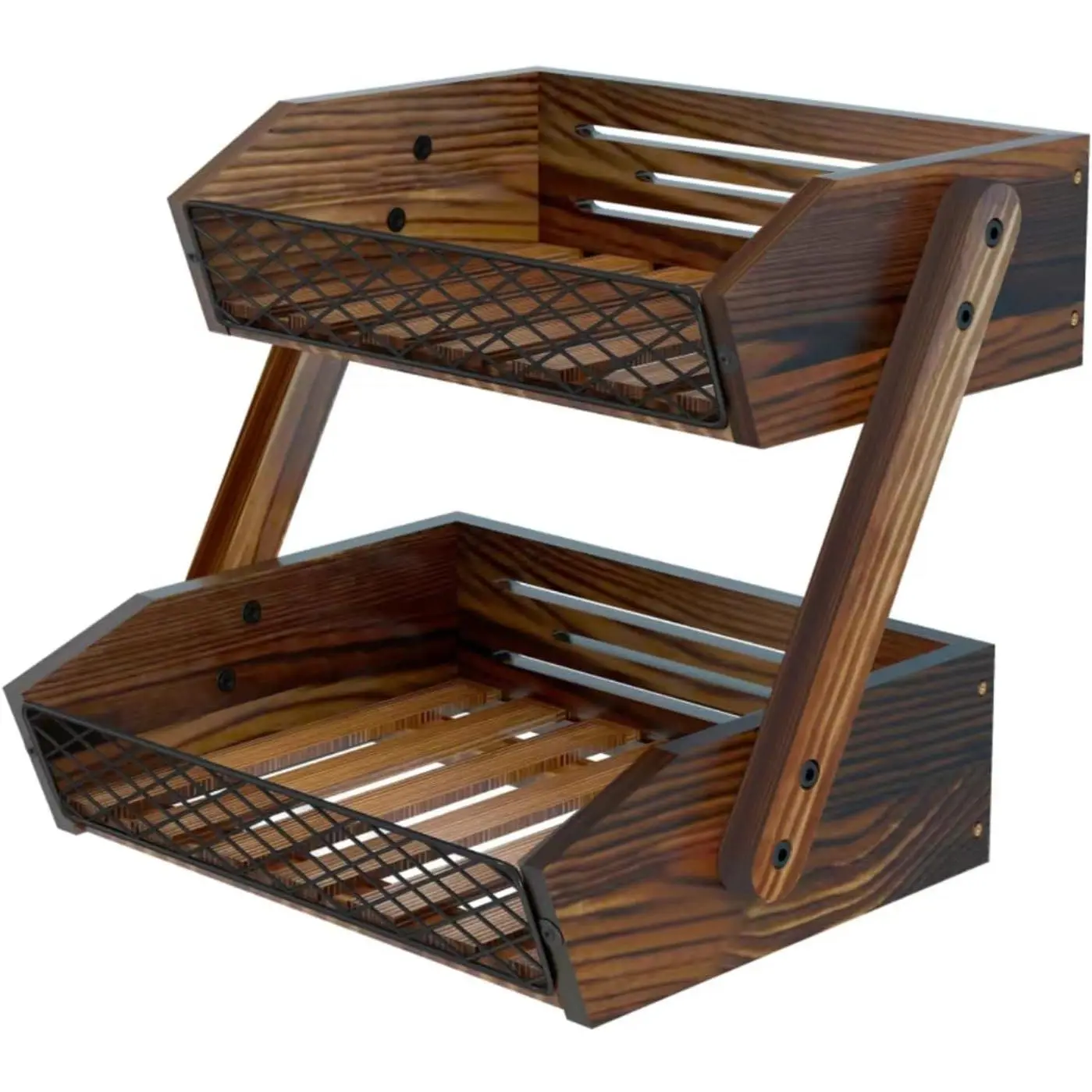 2-Tier Wooden-Metal Fruit Basket, Space-Saving Home Storage Supplies, Decorative Kitchen Counter Organizer for Fruits, Vegetables, Bread, Fruitsbasket, Space Saving Storage